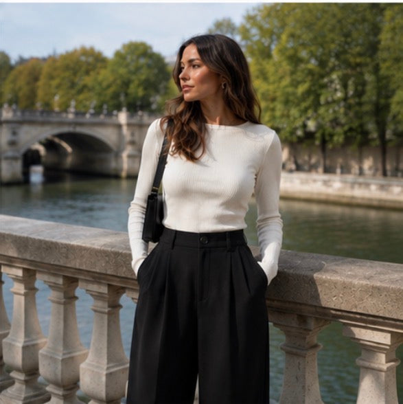 ÉLÉA – Pantalon Tailleur Large Taille Haute Noir