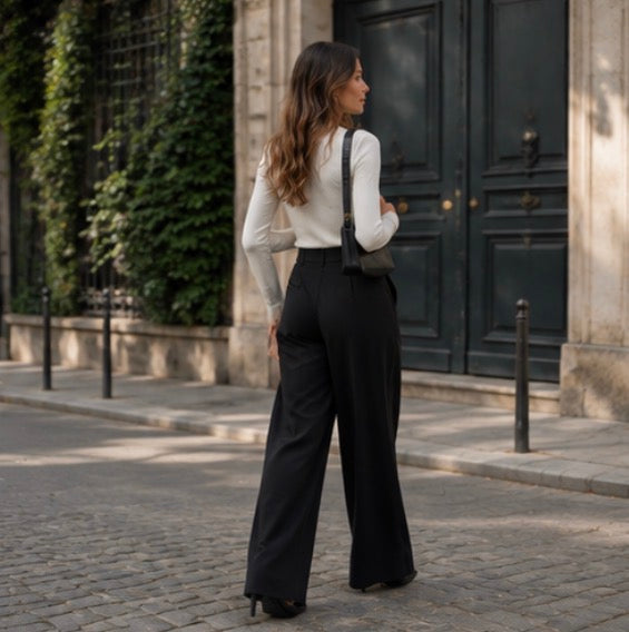 ÉLÉA – Pantalon Tailleur Large Taille Haute Noir