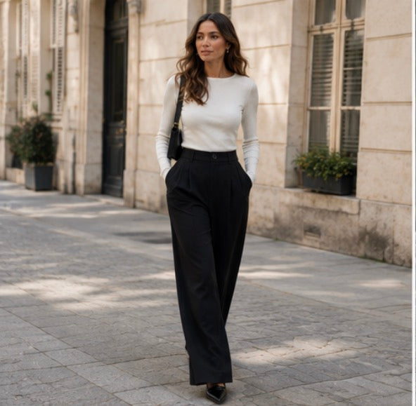 ÉLÉA – Pantalon Tailleur Large Taille Haute Noir