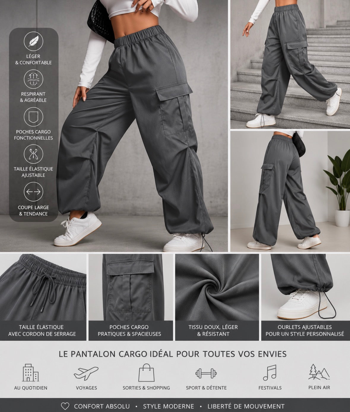 Baggy pour femme, parachute Cargo